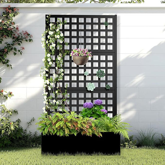 Metal Raised Garden Bed with Trellis, 2 in 1 Trellis with Planter Box & Privacy Screen for Climbing Plants, Vine, Outdoor Standing Flower Beds with Drainage Holes, 35.4" L x 16.7" W x 70.8" H, Black