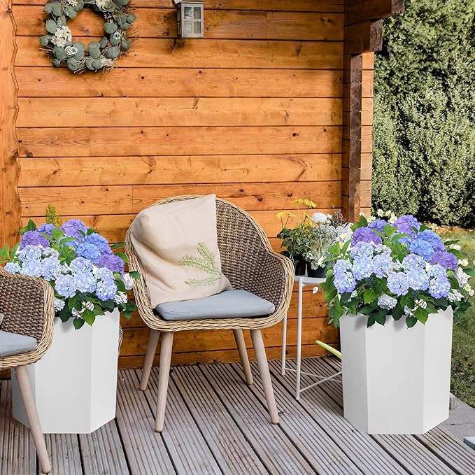 16" Tall Planters Set of 2, Large Outdoor & Indoor Self-Watering Pots with Water Level Monitor, Drainage Hole & Wheels, Planter Pots for Garden, Patio, Balcony, Lounge - White