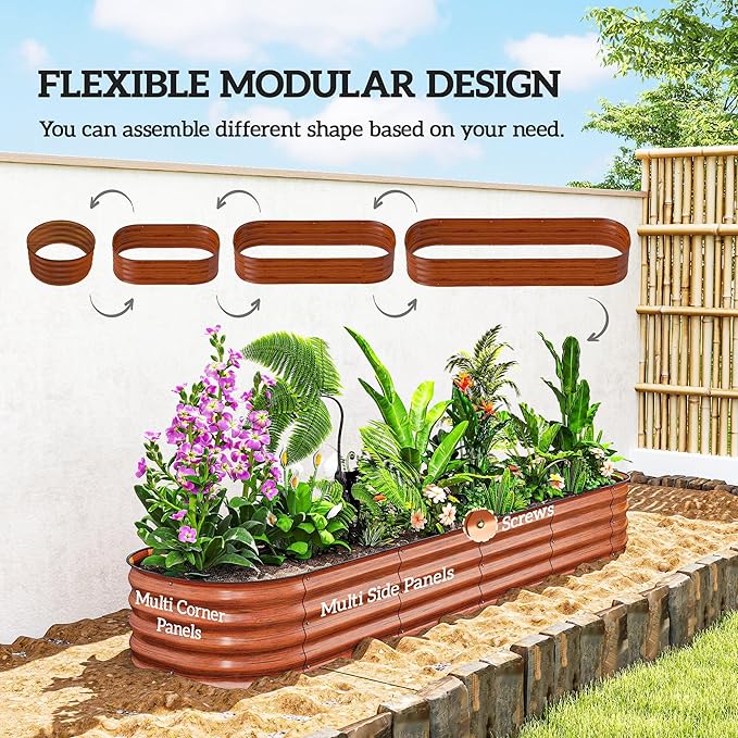 Outsunny 8' x 2' x 1' Galvanized Raised Garden Bed Kit, Outdoor Metal Elevated Planter Box with Safety Edging, Easy DIY Stock Tank for Growing Flowers, Herbs & Vegetables, Dark Brown