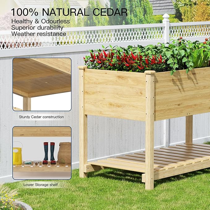 Kullavik 4 pcs Raised Garden Bed with Legs,Outdoor Elevated Cedar Wood Planter Box with Storage Shelf for Vegetables/Flowers/Herbs in Balcony/Backyard/Patio,220lb Capacity-Natural