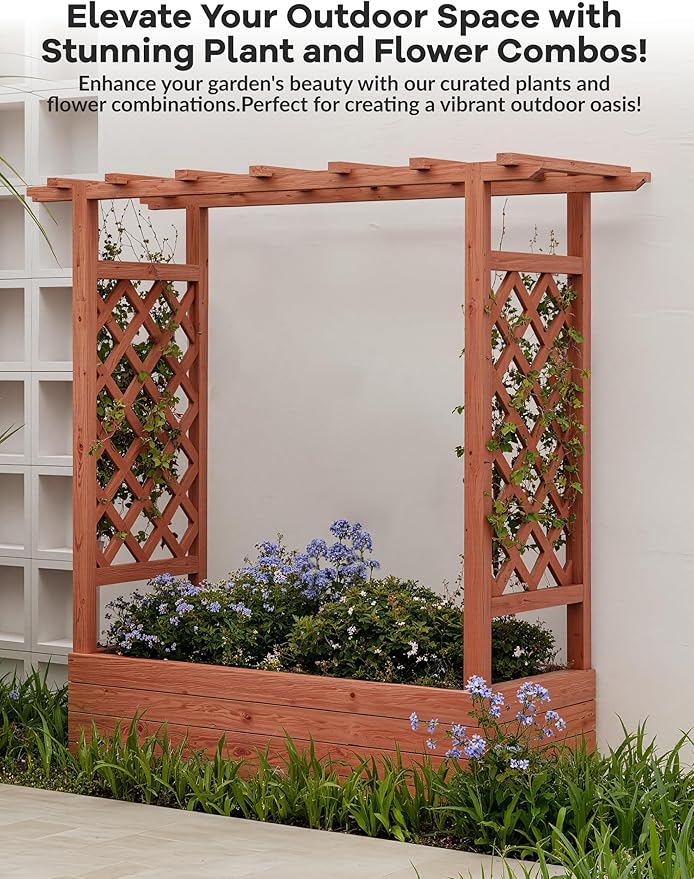 Raised Garden Bed with Trellis, Wood Planter Box with Hanging Roof & Drainage, Elevated Garden Bed for Climbing Plants, Vegetables, Flowers