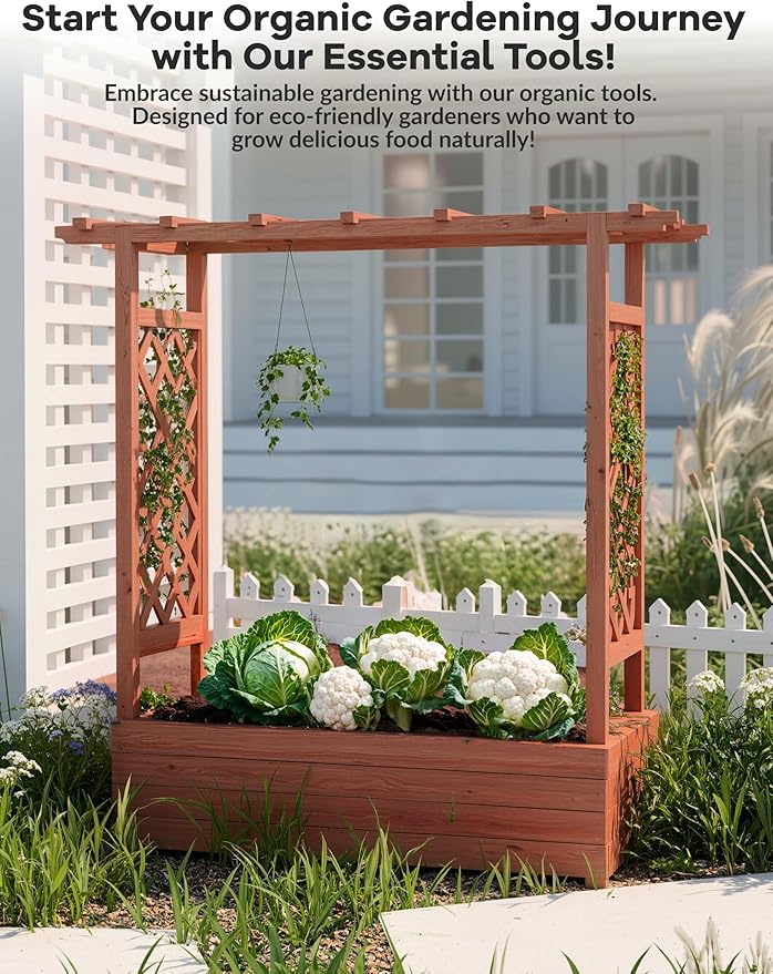 Raised Garden Bed with Trellis, Wood Planter Box with Hanging Roof & Drainage, Elevated Garden Bed for Climbing Plants, Vegetables, Flowers