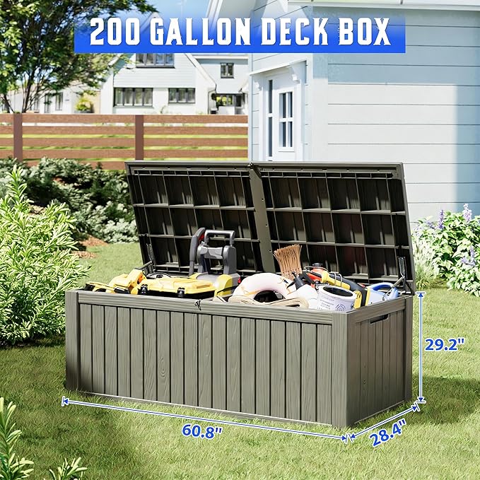 NBYSGO Outdoor Storage Box, Resin Deck Boxes Indoor and outdoor, Waterproof Storage Box Lockable Lid (Grey,200 Gallon)