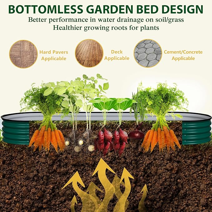 MUPATER 8x2FT Outdoor Raised Garden Bed, 9-in-1 Galvanized Metal Planter Box for Vegetables, 11.1'' H Modular Garden Bed Kit Oval for Herbs and Flowers, Green