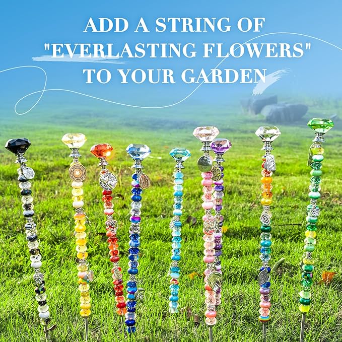 513Pcs DIY Beaded Garden Stakes, Fairy Wand Kit Garden Stakes Decorative with 18 Threaded Rod, Crystal Top, Large Holes Bead for Christmas Plants Garden Outdoor&Indoor Decorative（12IN）