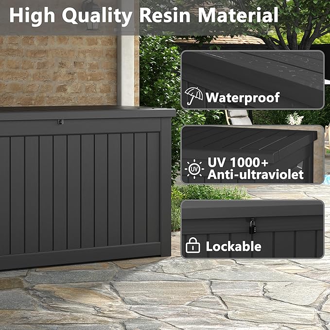 NBYSGO Outdoor Storage Box, Resin Deck Boxes Indoor and outdoor, Waterproof Storage Box Lockable Lid (Black,180 Gallon)