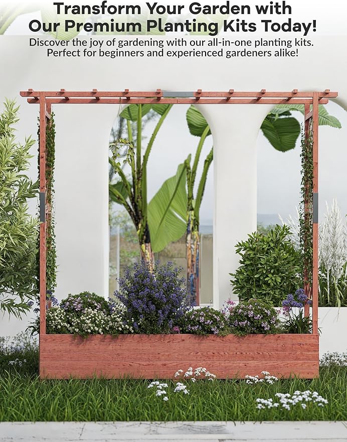 Raised Garden Bed with Trellis, Wood Planter Box with Hanging Roof & Drainage, Elevated Garden Bed for Climbing Plants, Vegetables, Flowers