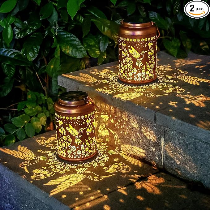 Hummingbird Solar Lanterns Outdoor Waterproof Hanging Hummingbird Solar Lights Metal Decorative LED Lantern Outside Decor for Garden,Yard,Patio,Lawn, Gifts for Women Mom Men Grandma 2Pack