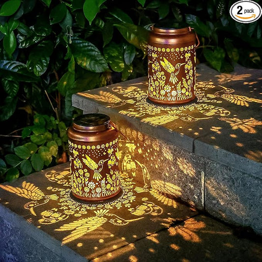 Hummingbird Solar Lanterns Outdoor Waterproof Hanging Hummingbird Solar Lights Metal Decorative LED Lantern Outside Decor for Garden,Yard,Patio,Lawn, Gifts for Women Mom Men Grandma 2Pack