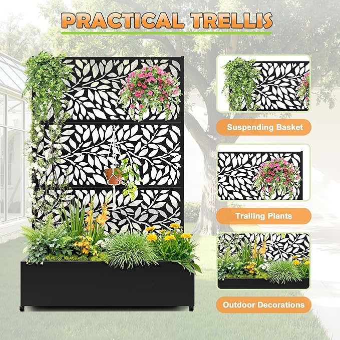 Metal Raised Garden Bed with Trellis, 2 in 1 Trellis with Planter Box & Privacy Screen for Climbing Plants, Vine, Outdoor Standing Flower Beds with Drainage Holes,47.2" L x 16.7" W x 70.8" H,(Black)