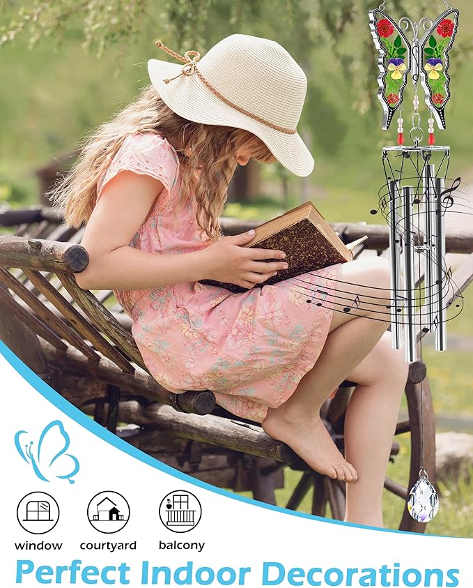 KY&BOSAM Butterfly Wind Chime for Outside with Crystal Sympathy Wind Spinner Wind Chimes Memory Memorial Wind Chime for Loss of Loved One Mother Father Condolence Gift Home Outdoor Garden Patio Decor