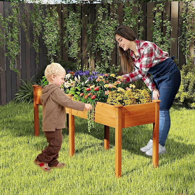 Raised Garden Bed with Legs, Elevated Planter Box with Divider & 8 Drainage Holes, Fir Wood Garden Box for Vegetables, Flowers, Fruits & Herbs (Brown Yellow)