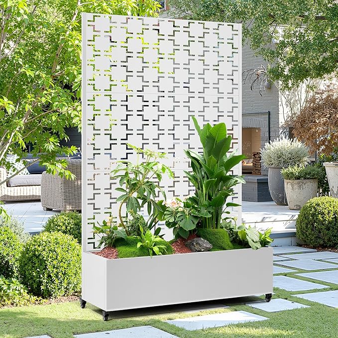 15.7"×70.9"×47.2" Metal Raised Garden Bed with Trellis and Wheels - Tall Trellis Planter Box for Climbing Plants, Vegetables & Vines - Outdoor Privacy Planters for Patio (White-Square)
