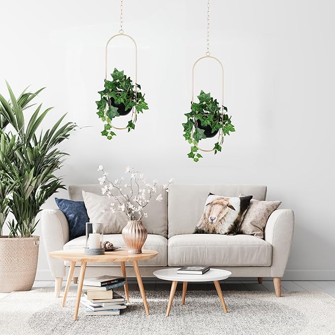 Shineloha 2 Pack Hanging Planters for Indoor Plants with 5.5" Pot + Ceiling Hook | Black Hanging Planter, Metal Plant Hanger, NO Plant incld