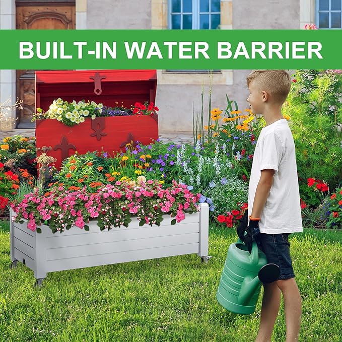 Raised Garden Bed with Wheels, 21 Gallon Self-Watering Outdoor Raised Planter Box with Drainage Plug & Gauge for Vegetables Flowers Herbs, Rustproof Resin for Backyard Patio Porch (Ashen)