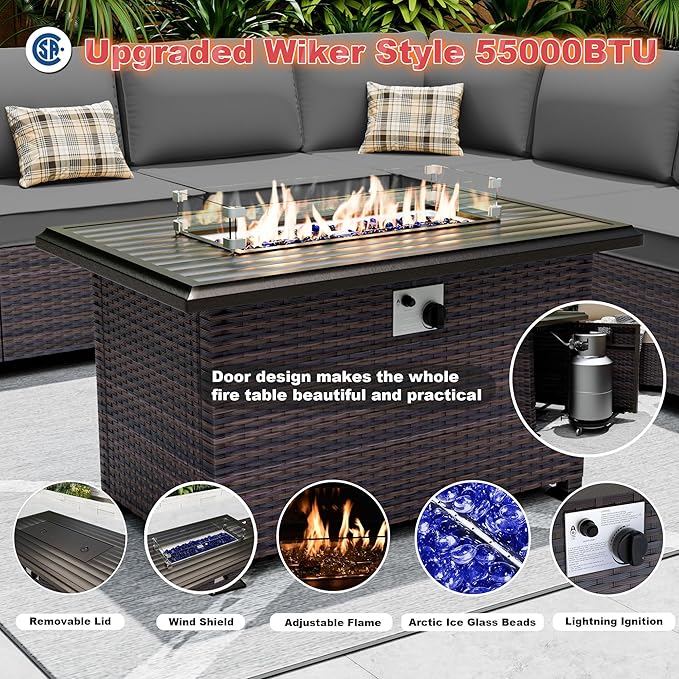 Outdoor Patio Furniture Set with Fire Pit Table, 13 Pieces Outdoor Furniture Set Patio Sectional Sofa w/43in Propane Fire Pit, PE Wicker Rattan Patio Conversation Sets - Grey
