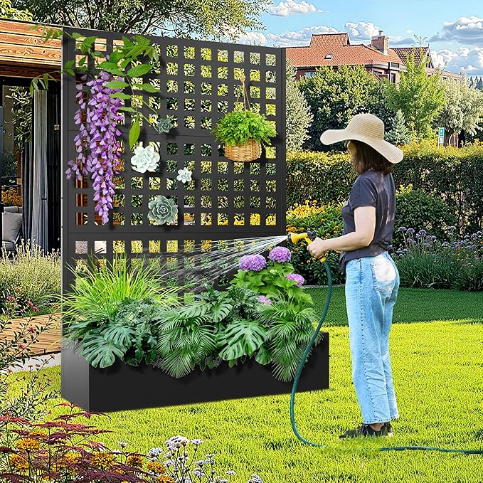 Metal Raised Garden Bed with Trellis, 2 in 1 Trellis with Planter Box & Privacy Screen for Climbing Plants, Vine, Outdoor Standing Flower Beds with Drainage Holes, 47.2" L x 16.7" W x 70.8" H, Black