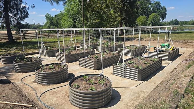 A ANLEOLIFE 4-Packs 4ft x 18” Tall Round Galvanized Raised Garden Beds Outdoor for Planting Vegetables Flowers Herb, Quartz Grey