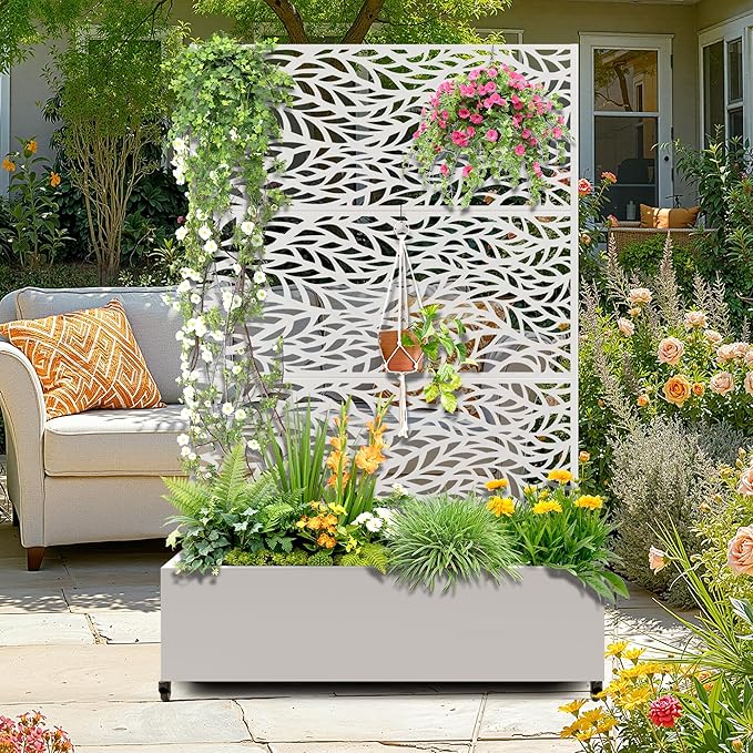 Metal Raised Garden Bed with Trellis, 2-in-1 Planter Box & Privacy Screen for Climbing Plants, Outdoor Standing Flower Bed with Drainage Holes, 47.2" L x 16.7" W x 70.8" H, White-Spring