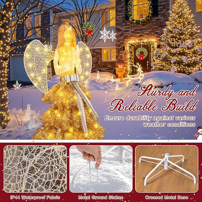 Large Lighted Angel Outdoor Statue for Yard & Garden, Weatherproof LED Decorative Angel for Patio, Lawn & Holiday-Style Outdoor Decor, Gold
