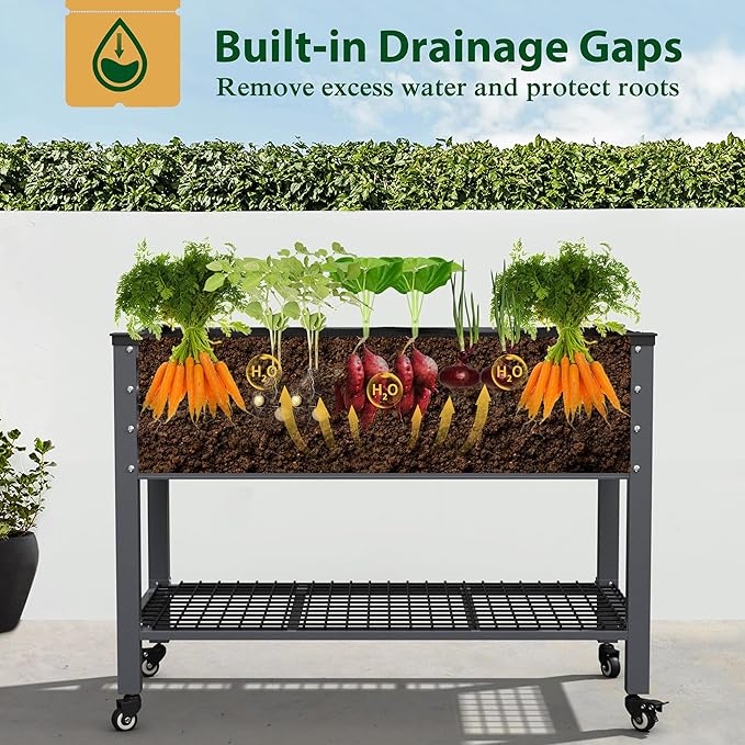 MUPATER Galvanized Steel Raised Garden Bed with Legs, 48" L x 24" W x 34" H Large Metal Elevated Raised Planter Box with Rolling Casters & Extra Bottom Shelf for Backyard, Garden, Patio, Balcony, Gray