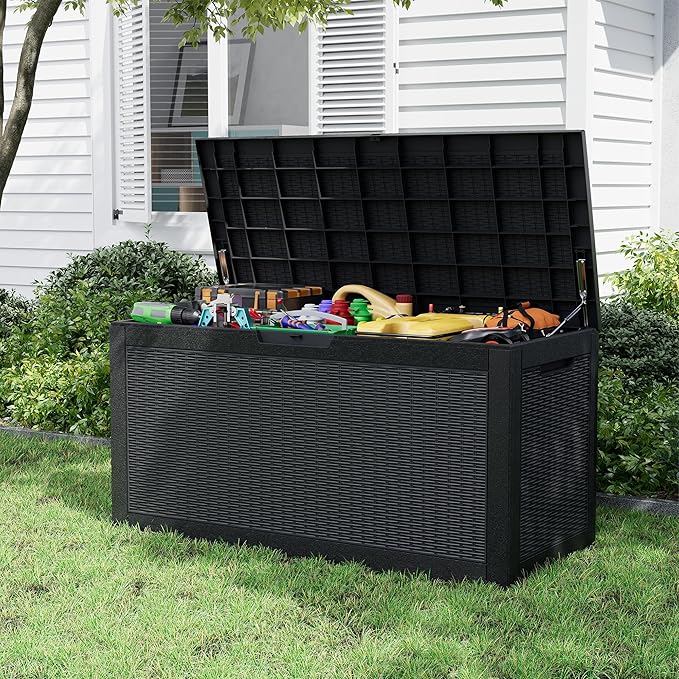 NBYSGO Outdoor Storage Box, Resin Deck Boxes Indoor and outdoor, Waterproof Storage Box Lockable Lid (Black, 101 Gallon)