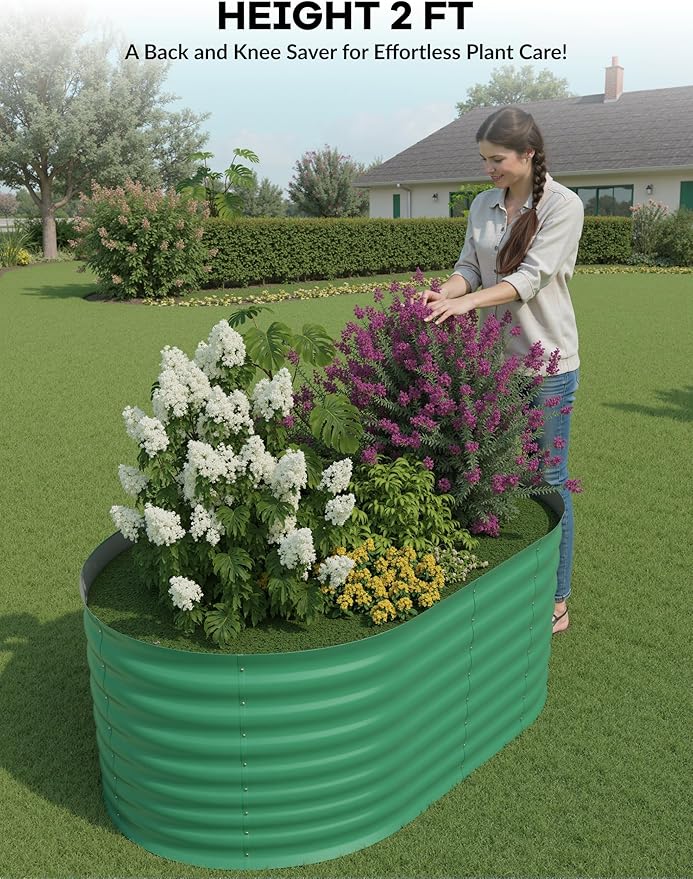IDEAHOUSE 2-Pack Raised Garden Bed - Heavy-Duty Galvanized Steel Outdoor Planter Box for Vegetables, Flowers & Herbs - Rust-Resistant, Easy-Assembly Garden Box, Beige/Green