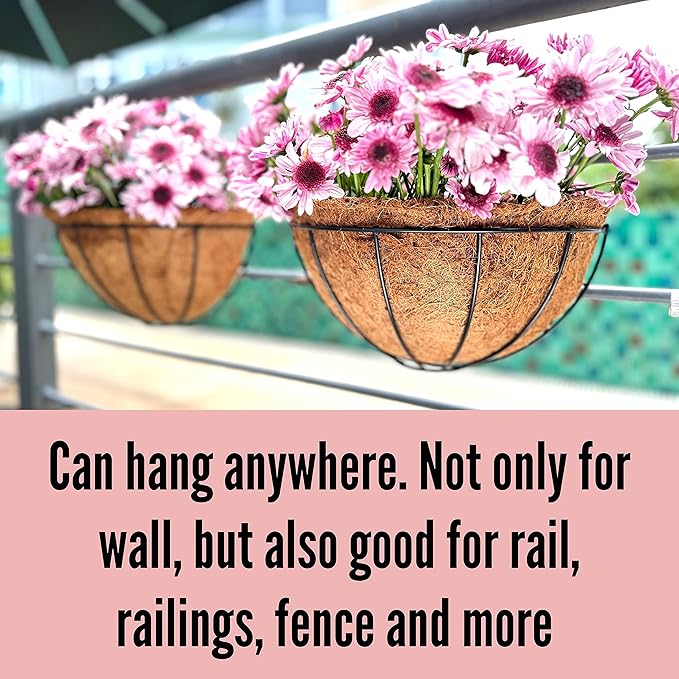 LaLaGreen Wall Hanging Planters for Plants (6 Pack, 12 Inch) Wall Mounted Flower Baskets with Coco Liner, Black Metal Iron Wire Plant Holder for Outdoor Fence Railing Outside Deck Porch Balcony Garden