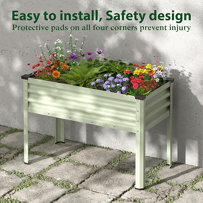 BlueWish 48" W x 24" D x 32" H Raised Garden Bed, Garden Bed with Detachable Black Liner, Drainage Gaps, Galvanized Raised Garden Beds Outdoor 7.5 Cubic Feet, Gardening, Vegetable, Flower, Beige