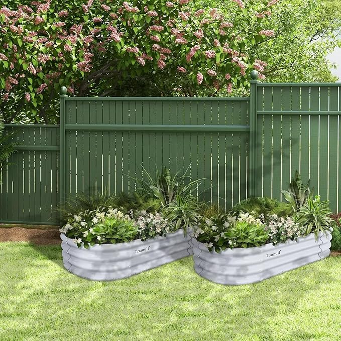 8 Pack 4x2x1FT Galvanized Raised Garden Bed Kit Oval Metal Ground Planter Box Outdoor Bottomless Planter Raised Beds for Vegetables Flowers Herbs Fruits, Gray