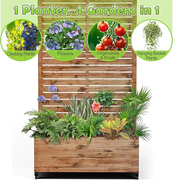 15.7"×70.9"×35.4" Metal Raised Garden Bed with Trellis and Wheels - Tall Trellis Planter Box for Climbing Plants, Vegetables & Vines - Outdoor Privacy Planters for Patio (Natural Wood Grain)