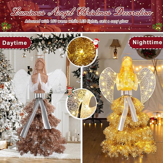 Large Lighted Angel Outdoor Statue for Yard & Garden, Weatherproof LED Decorative Angel for Patio, Lawn & Holiday-Style Outdoor Decor, Gold