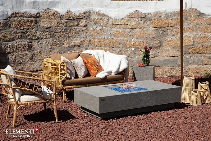 Elementi+ | Bundle Monte Carlo Gas Fire Pit Cast Concrete 60" Rectangular Fire Table | Electronic Ignition | Canvas Cover, Fire Glass and Burner Lid Included | Light Gray | Natural Gas