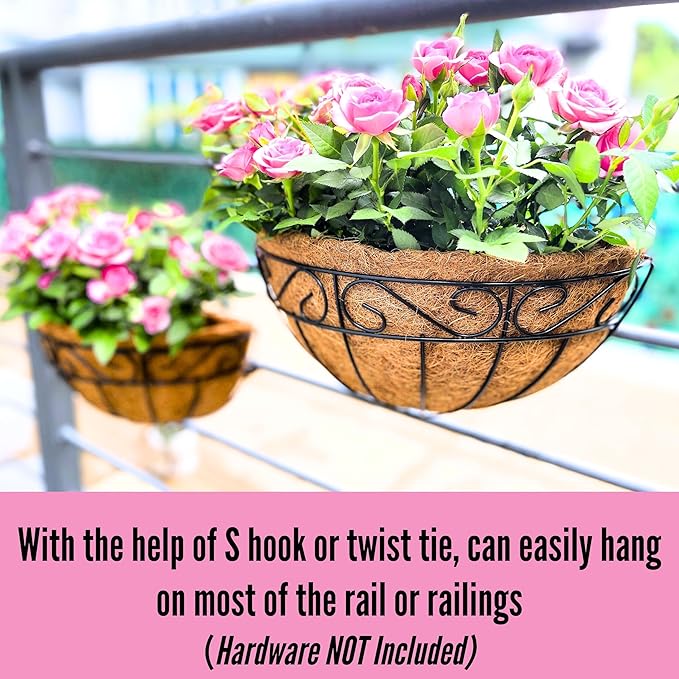 LaLaGreen Wall Hanging Planter, 2 Pack, 12 Inch Wall Mounted Flower Basket with Coco Liner for Outdoor Plants, Black Metal Wire Rail Herb Pot Holder Fence Railing Deck Porch Balcony Garden Patio Decor
