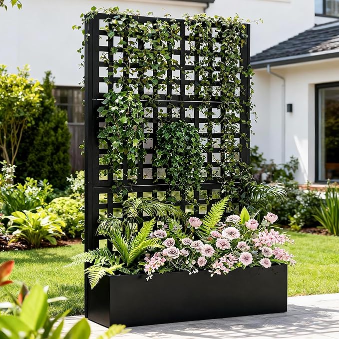 Metal Raised Garden Bed with Trellis, Vegetable and Flower Garden Boxes, Black Planter Box with Trellis for Climbing Plants Vegetable Outdoor Indoor, Large 1Pc