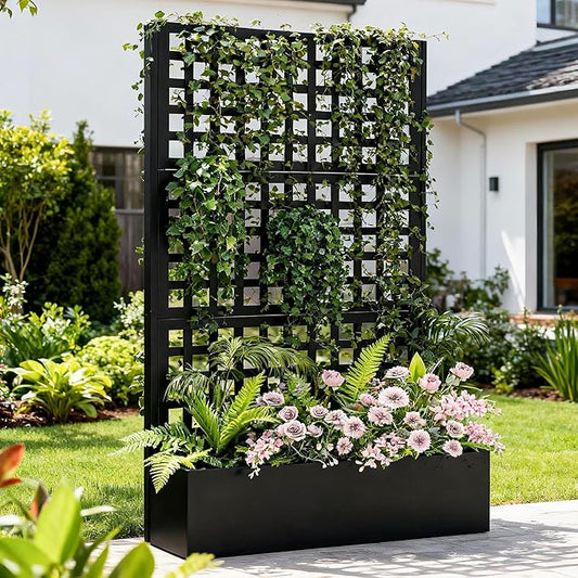 Metal Raised Garden Bed with Trellis, Vegetable and Flower Garden Boxes, Black Planter Box with Trellis for Climbing Plants Vegetable Outdoor Indoor, Large 1Pc