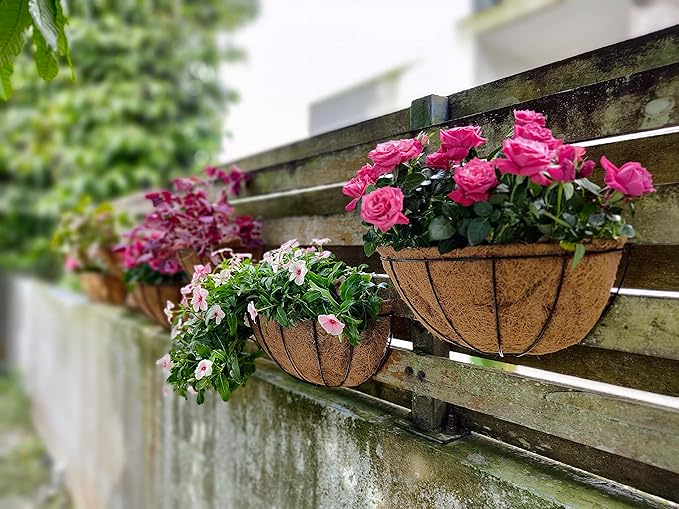 Maxona Wall Hanging Baskets,16 Inch 2 Pack Flower Planters for Outdoor Plants Wall Mounted with Coco Liner, Metal Iron Wire Holder for Window Herb Railing Fence Deck Balcony Porch Garden