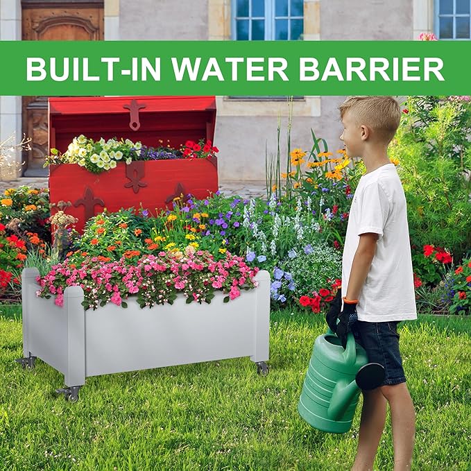 Raised Garden Bed with Wheels, 14 Gallon Self-Watering Raised Planter Box with Drainage Plug & Gauge for Vegetables Flowers Herbs Succulents, Rustproof Resin for Backyard Patio Porch (Ashen)