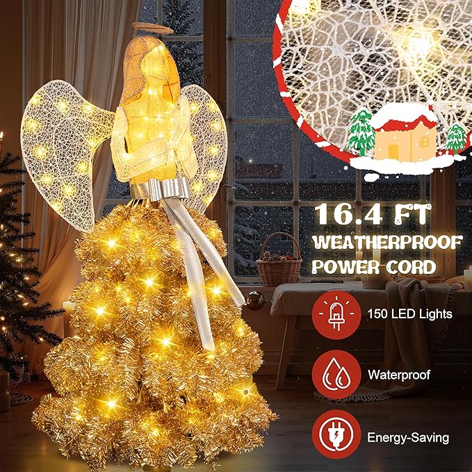 Shintenchi 5FT Lighted Christmas Angel, Outdoor Xmas Decoration with 150 LED Lights, Pre-lit 3D Glittered Angel for Lawn Yard Garden with Ground Stakes and Zip Ties, Warm Golden Color