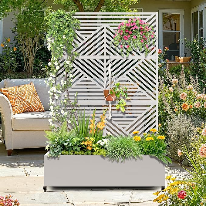 Metal Raised Garden Bed with Trellis, 2-in-1 Planter Box & Privacy Screen for Climbing Plants, Outdoor Standing Flower Bed with Drainage Holes, 47.2" L x 16.7" W x 70.8" H, White-Zodiac