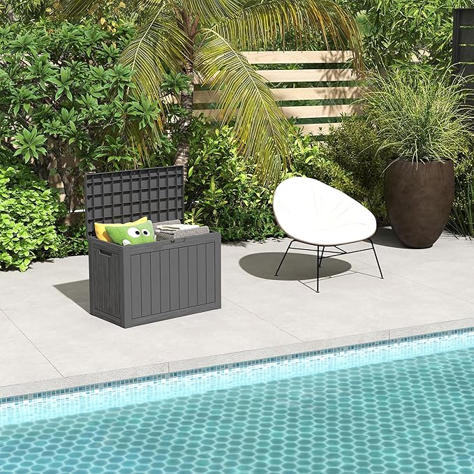 Decksplore Outdoor Storage Box Small, Lockable 45 Gallon Deck Delivery Box Waterproof, Resin Patio Storage Bin for Pool Accessories Cushion Furniture, Garden Tools, UV-Resistant Outside Black