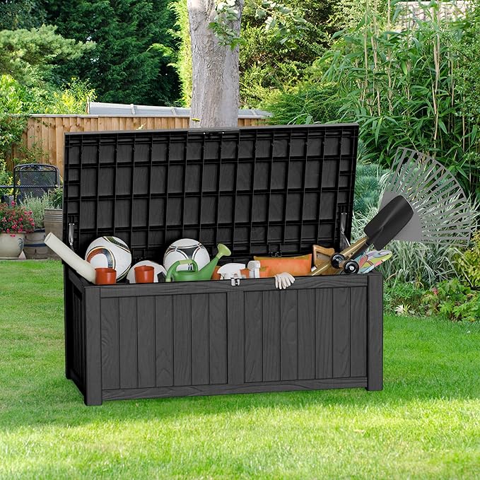 150 Gallon Lockable Resin Outdoor Storage Box, Waterproof & Weather Resistant Deck Box for Patio Cushion, Garden Tools & Pool Accessories, Black