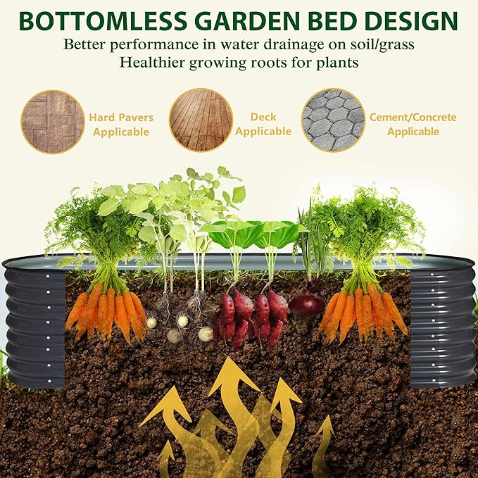 MUPATER Galvanized Raised Garden Bed 8x2x2ft, 9-in-1 Metal Raised Planter Box Oval with 2 Aluminum Support Rods,Outdoor for Vegetable, Flower, Backyard and Patio, Gray