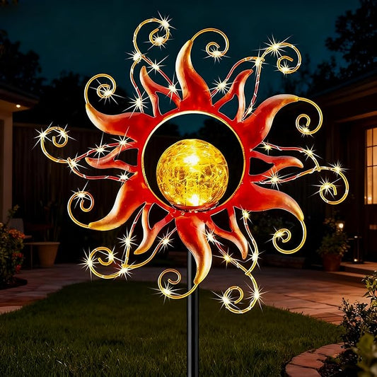 Solar Lights Outdoor Waterproof Red Sun Metal Crackle Glass Stake Decorative for Outside,Yard,Lawn,Patio,Walkway Mothers'Day Gifts Mom Grandma Garden Lover