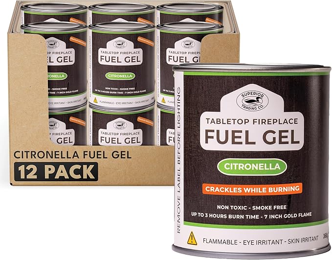 Superior Trading Co. Citronella Gel Fuel Cans, Clean-Burning Bioethanol Gel, Smoke-Free, Fresh Scent 3-Hour Burn, Indoor & Outdoor Safe, 368g, 12 Pack