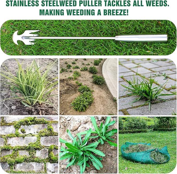 Weed Removal Tool, 2025 New Garden Weeding Tools Manganese Steel Hand Weeder Tool with Handle, 4 Teethes Dual Purpose Manual Weeders Tool Weed Pulling Tool for Garden19.6inch