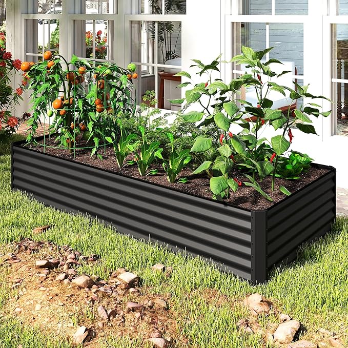 Domi 8×4×1.5 ft Galvanized Raised Garden Bed, Outdoor Planter Garden Boxes Large Metal Planter Box for Gardening Vegetables Fruits Flowers, Grey