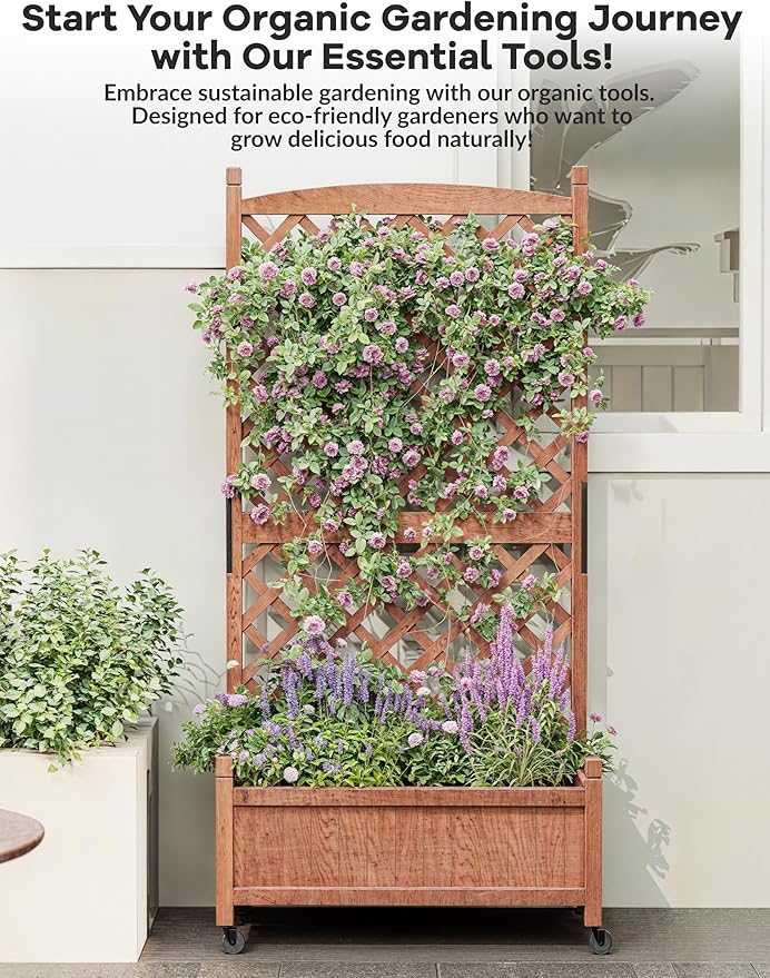 29.5"x13"x61.5" Large Wooden Raised Garden Bed with Trellis & Adjustable Wheels - Planter Box with Drainage Holes for Herbs, Flowers - Portable Indoor/Outdoor Use, 1 PC