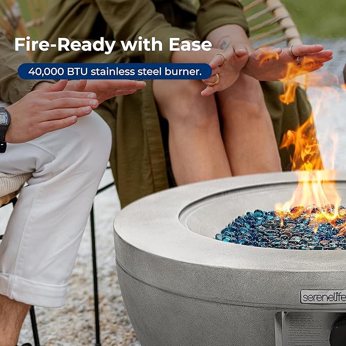 SereneLife SLNFBAL7 Propane Fire Pit Table – 40,000 BTU Outdoor Gas Fire Table w/Adjustable Flame Control, CSA/ETL Certified, Weather-Resistant, Thermocouple Safety, PVC Cover & Lava Rocks
