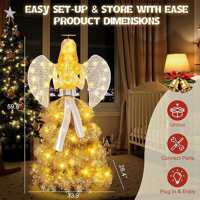 Shintenchi 5FT Lighted Christmas Angel, Outdoor Xmas Decoration with 150 LED Lights, Pre-lit 3D Glittered Angel for Lawn Yard Garden with Ground Stakes and Zip Ties, Warm Golden Color
